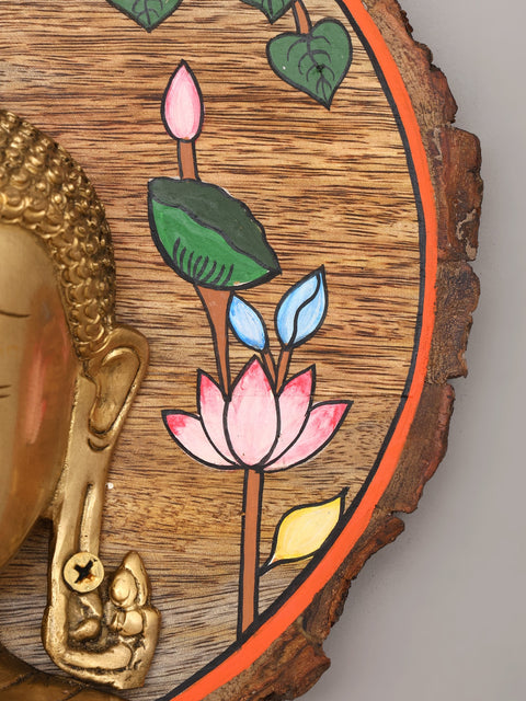 9" Gautam Buddha Face Wall Hanging | Wood Framed Brass Sculpture