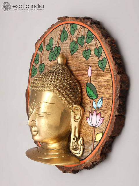 9" Gautam Buddha Face Wall Hanging | Wood Framed Brass Sculpture