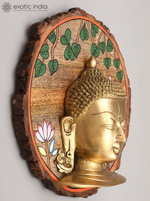 9" Gautam Buddha Face Wall Hanging | Wood Framed Brass Sculpture