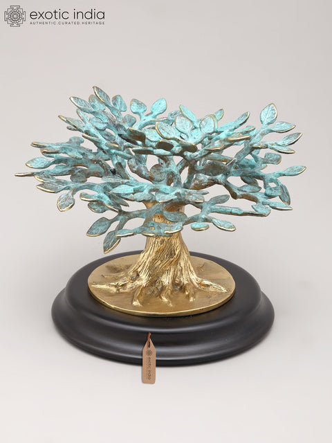 7" Decorative Brass Tree of Life on Wood Base | Table Decor