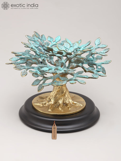 7" Brass Tree of Life Statue with Wood Base for Home Decor