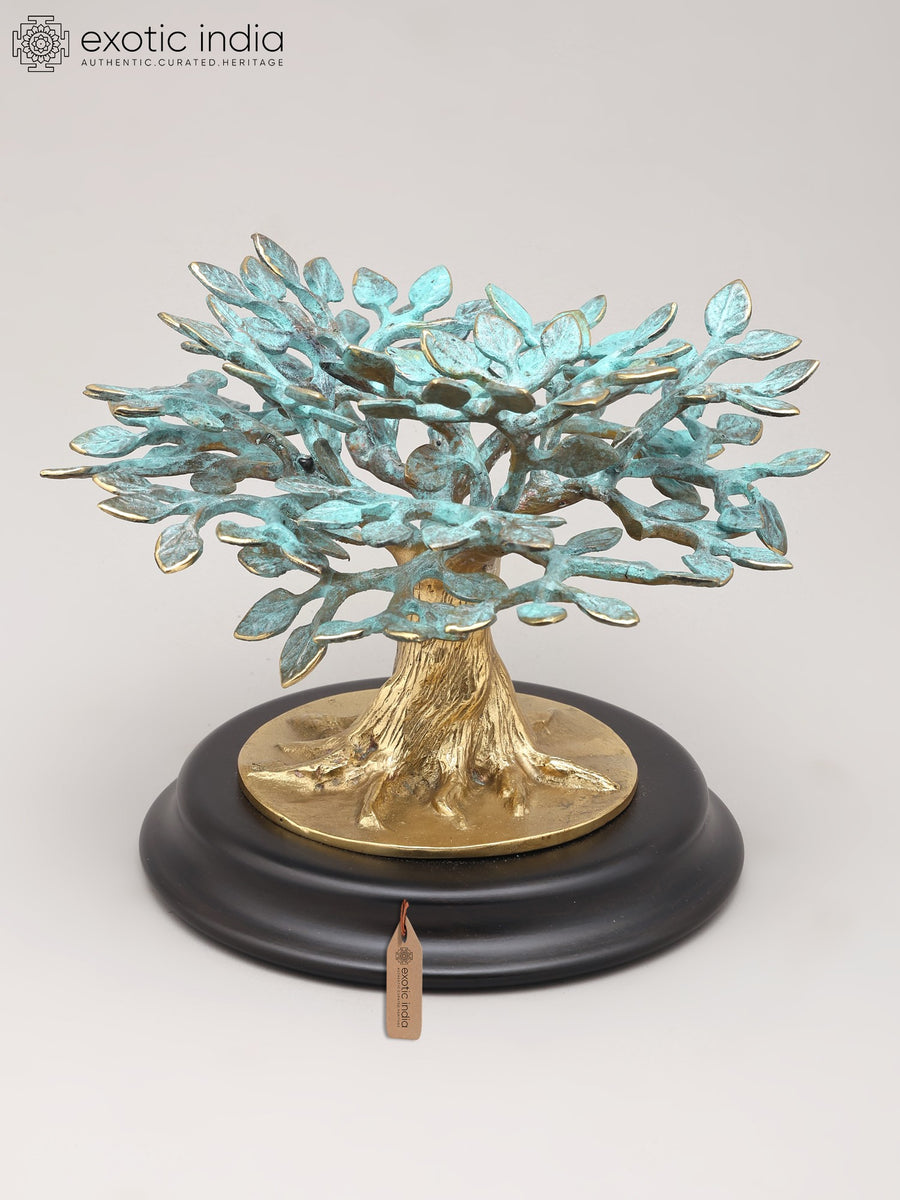 7" Brass Tree of Life Statue with Wood Base for Home Decor