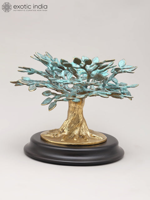 7" Decorative Brass Tree of Life on Wood Base | Table Decor