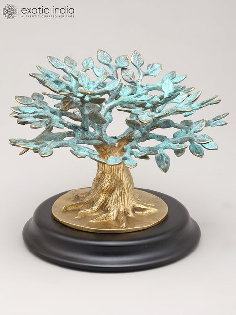 7" Decorative Brass Tree of Life on Wood Base | Table Decor