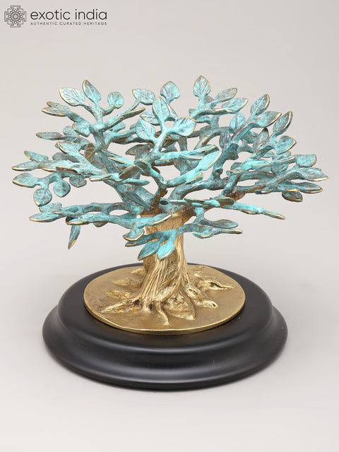 7" Decorative Brass Tree of Life on Wood Base | Table Decor