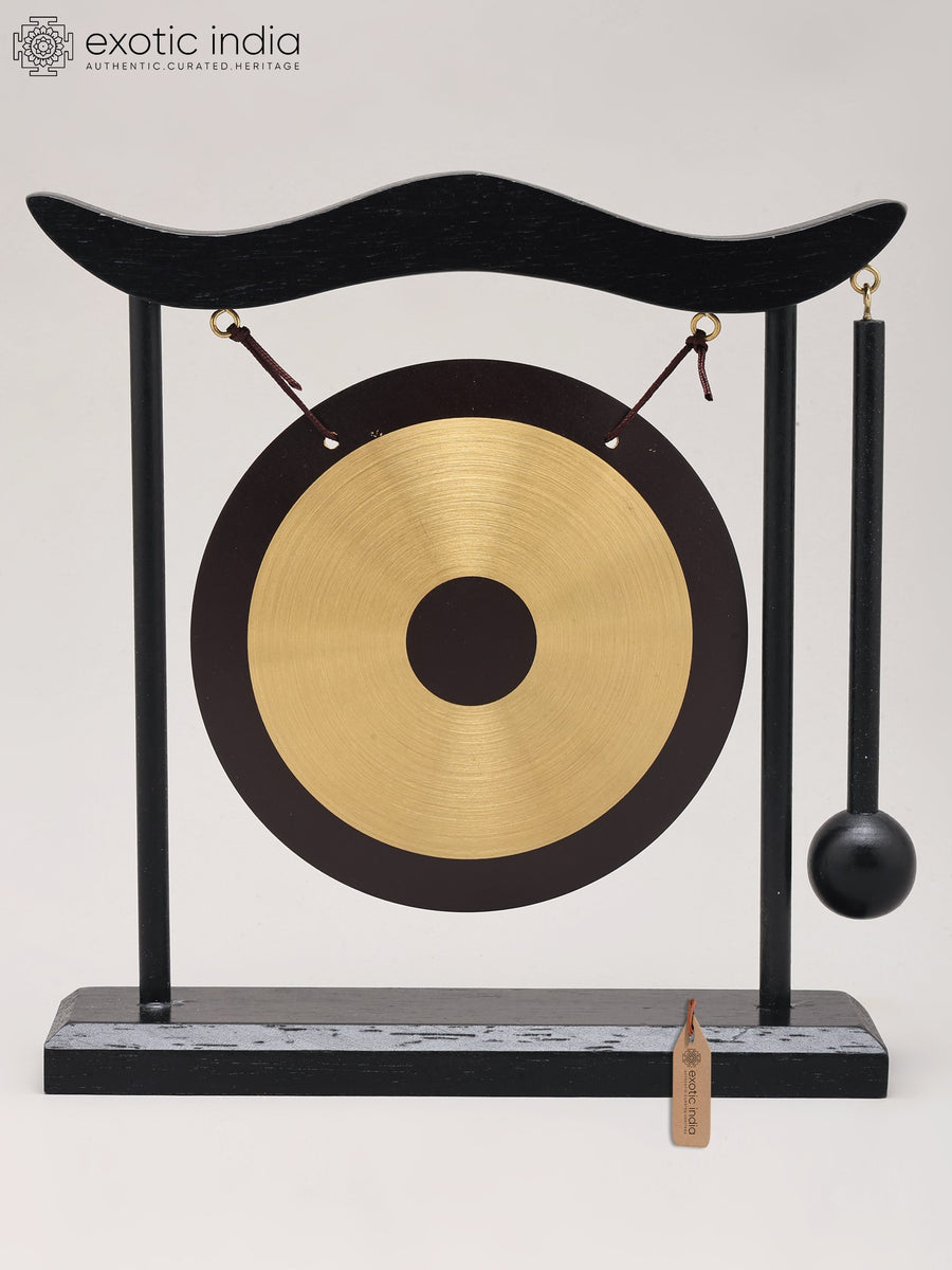 8" Brass Desktop Gong Statue with Wooden Stand and Mallet