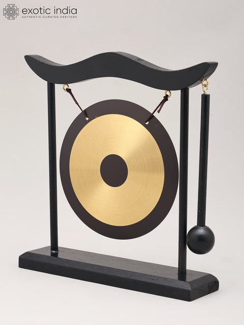 8" Decorative Brass Desktop Gong with a Wooden Stand and Mallet