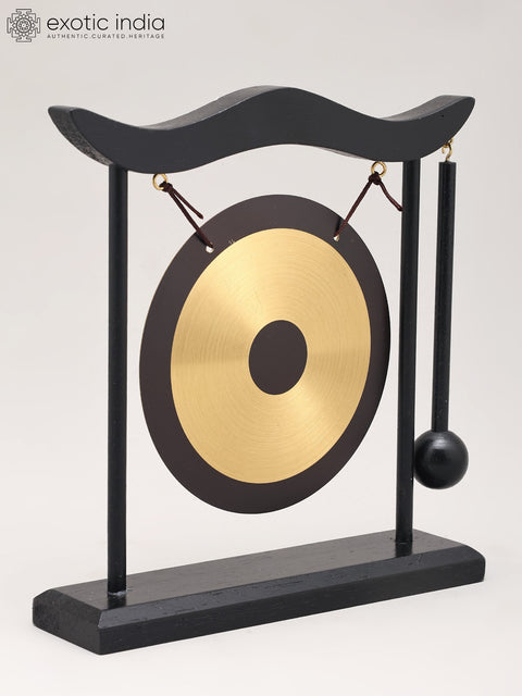8" Decorative Brass Desktop Gong with a Wooden Stand and Mallet