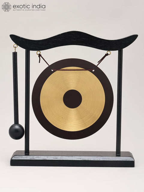 8" Decorative Brass Desktop Gong with a Wooden Stand and Mallet