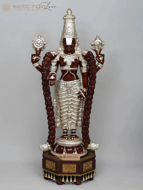 52" Handcrafted Tirupati Balaji Wood Statue with Silver Cladding