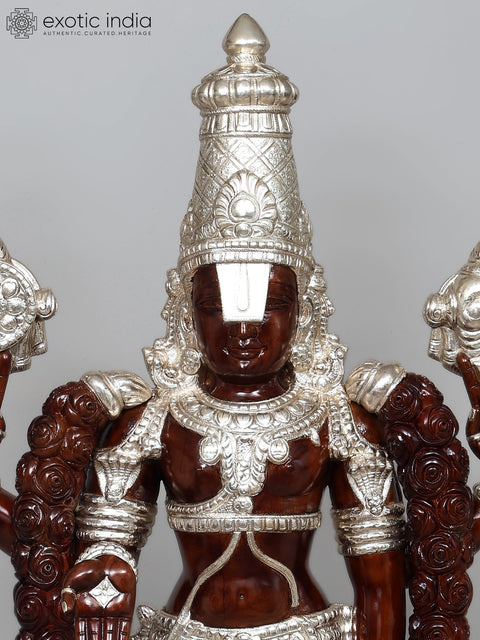 52" Large Superfine Tirupati Balaji (Lord Venkatehswara) Statue on Designer Pedestal | Premium Handcrafted Wood Carved Idol with Silver Cladding
