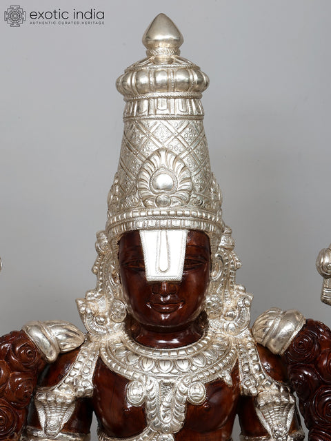 52" Large Superfine Tirupati Balaji (Lord Venkatehswara) Statue on Designer Pedestal | Premium Handcrafted Wood Carved Idol with Silver Cladding