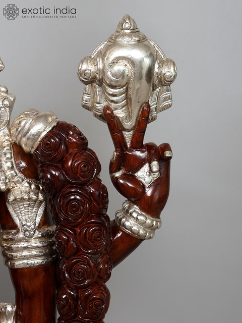 52" Large Superfine Tirupati Balaji (Lord Venkatehswara) Statue on Designer Pedestal | Premium Handcrafted Wood Carved Idol with Silver Cladding