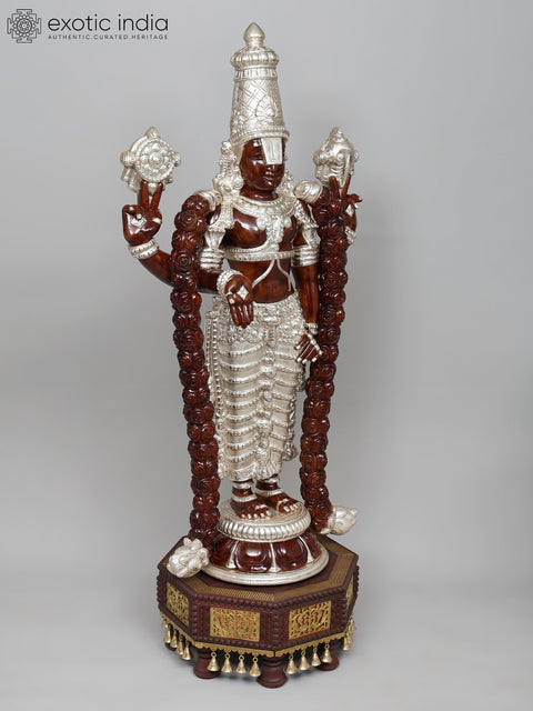 52" Large Superfine Tirupati Balaji (Lord Venkatehswara) Statue on Designer Pedestal | Premium Handcrafted Wood Carved Idol with Silver Cladding
