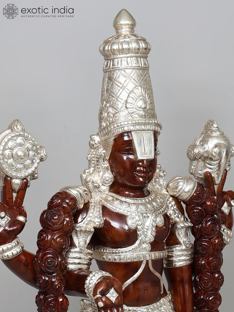 52" Large Superfine Tirupati Balaji (Lord Venkatehswara) Statue on Designer Pedestal | Premium Handcrafted Wood Carved Idol with Silver Cladding