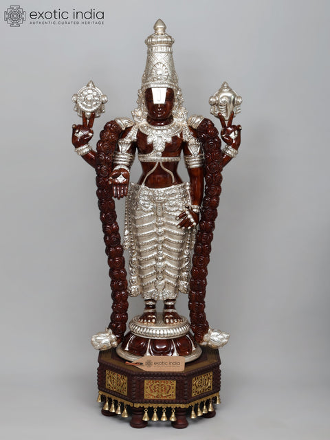 52" Large Superfine Tirupati Balaji (Lord Venkatehswara) Statue on Designer Pedestal | Premium Handcrafted Wood Carved Idol with Silver Cladding