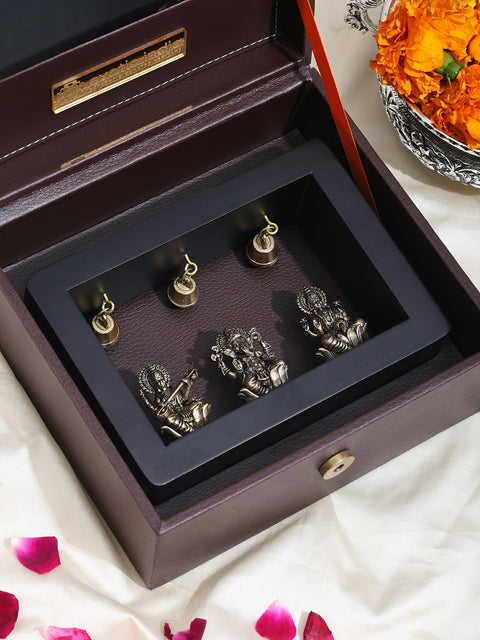 7” Divine Trio in Brass – Lakshmi Ganesha and Saraswati | Wood-Framed Wall Shrine | with Aesthetic Box