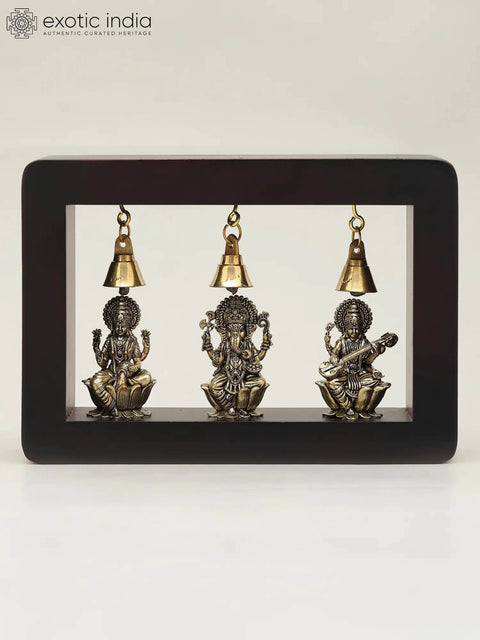 7” Divine Trio in Brass – Lakshmi Ganesha and Saraswati | Wood-Framed Wall Shrine | with Aesthetic Box