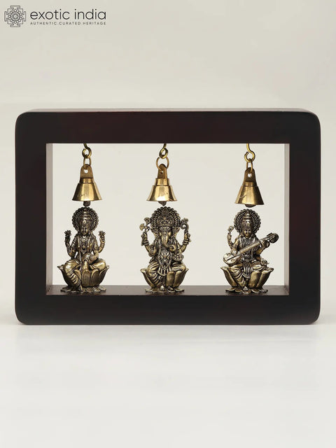 7” Divine Trio in Brass – Lakshmi Ganesha and Saraswati | Wood-Framed Wall Shrine | with Aesthetic Box