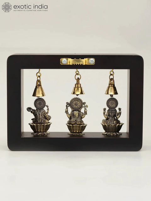 7” Divine Trio in Brass – Lakshmi Ganesha and Saraswati | Wood-Framed Wall Shrine | with Aesthetic Box