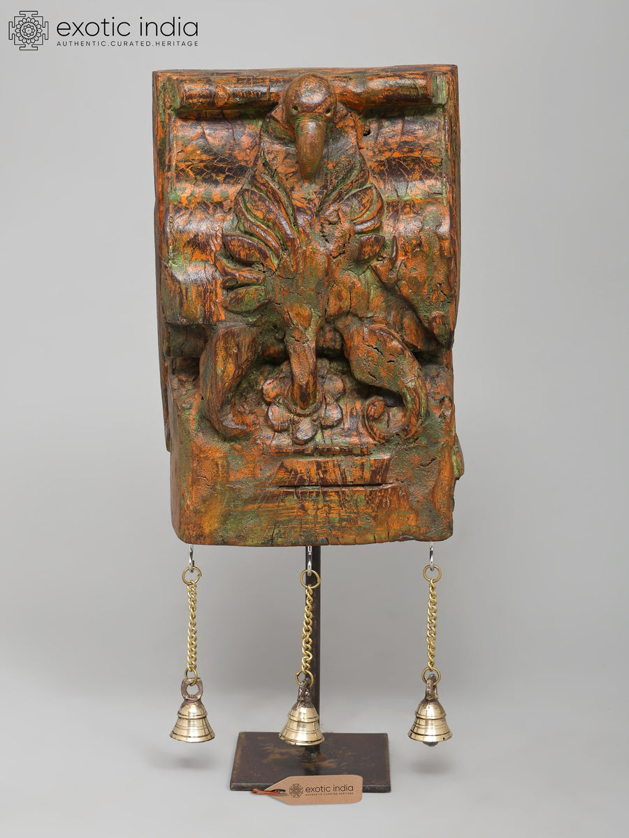 18" Wood Carved Designer Showpiece with Brass Bells on Iron Stand