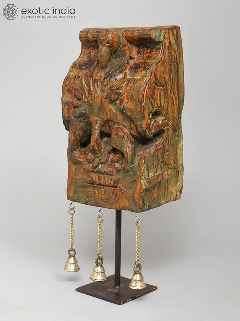 18" Wood Carved Designer Showpiece on Iron Stand with Brass Bells | Table Decor