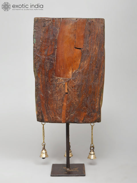 18" Wood Carved Designer Showpiece on Iron Stand with Brass Bells | Table Decor