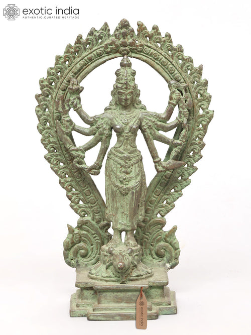 10" Eight Armed Durga Brass Statue with Ornate Prabhavali