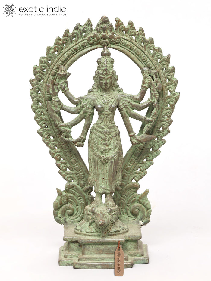 10" Eight Armed Standing Goddess Durga with Ornate Prabhavali | Brass Statue