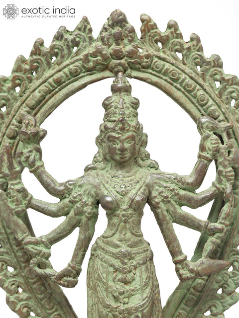 10" Eight Armed Standing Goddess Durga with Ornate Prabhavali | Brass Statue
