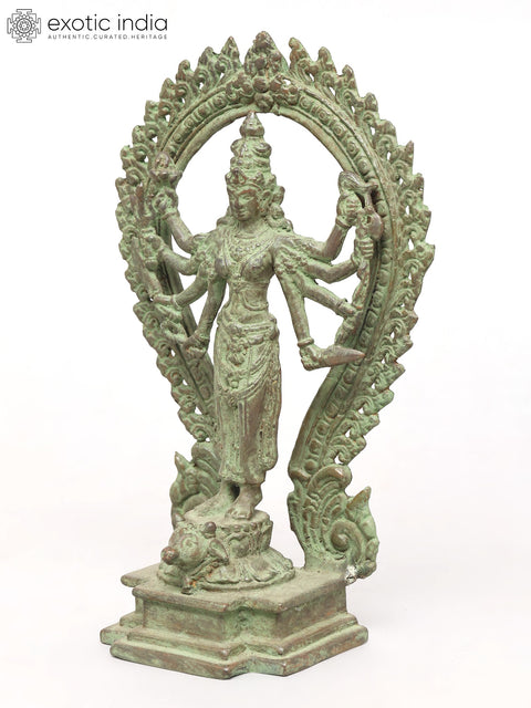 10" Eight Armed Standing Goddess Durga with Ornate Prabhavali | Brass Statue