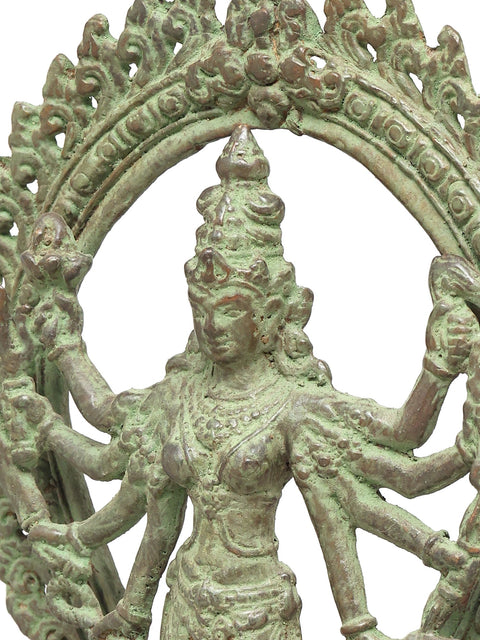 10" Eight Armed Standing Goddess Durga with Ornate Prabhavali | Brass Statue