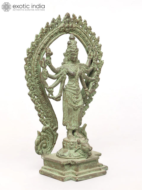 10" Eight Armed Standing Goddess Durga with Ornate Prabhavali | Brass Statue
