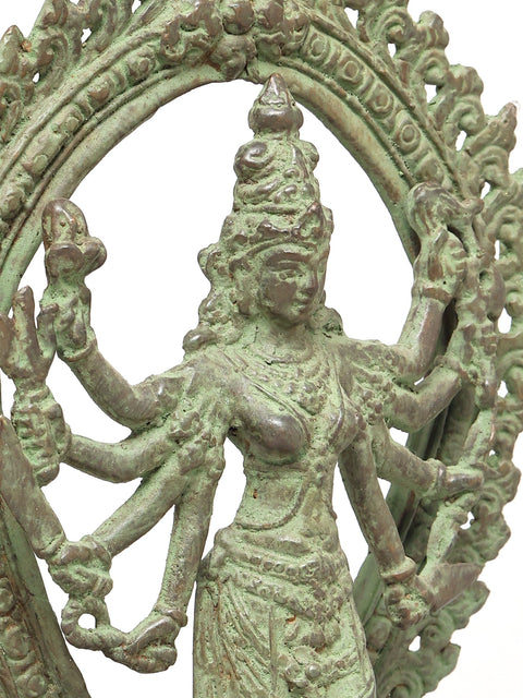 10" Eight Armed Standing Goddess Durga with Ornate Prabhavali | Brass Statue
