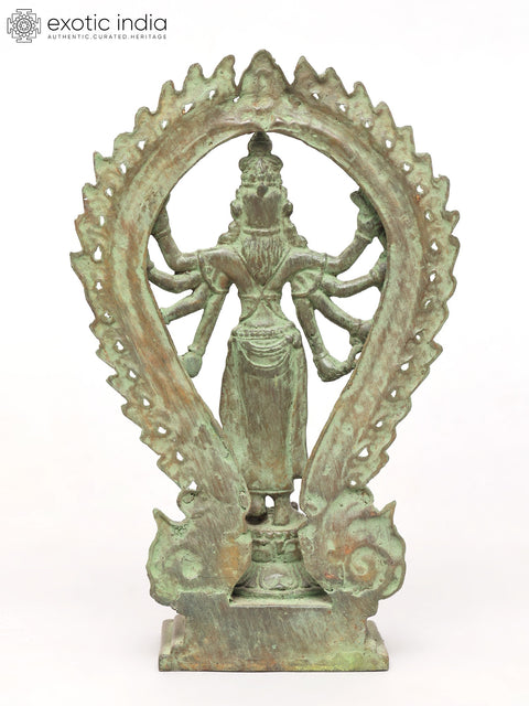 10" Eight Armed Standing Goddess Durga with Ornate Prabhavali | Brass Statue