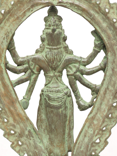 10" Eight Armed Standing Goddess Durga with Ornate Prabhavali | Brass Statue