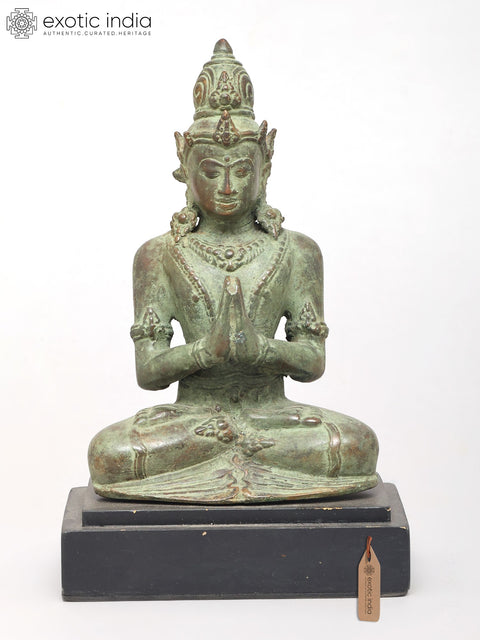 5" Small Crown Buddha Seated on Wood Base | Brass Statue