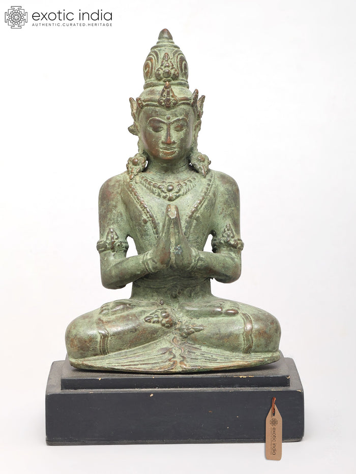 5" Small Crown Buddha Brass Statue with Wood Base