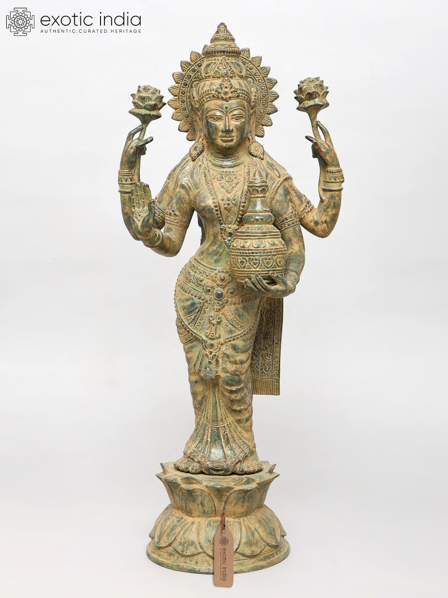 27" Standing Goddess Lakshmi with Wealth Pot Brass Statue