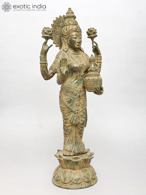 27" Standing Goddess Lakshmi with Wealth Pot | Brass Statue