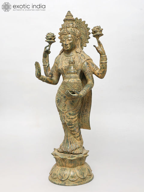 27" Standing Goddess Lakshmi with Wealth Pot | Brass Statue