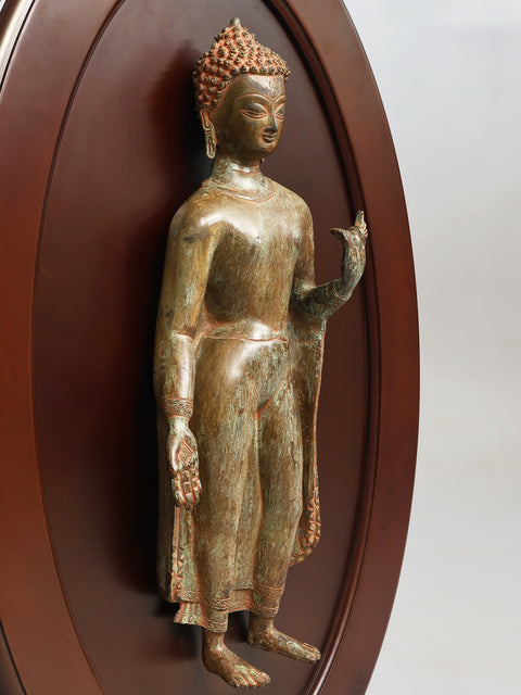 32" Framed Standing Buddha Statue in Brass | Wall Hanging