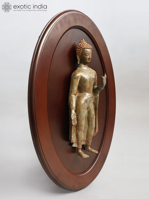 32" Framed Standing Buddha Statue in Brass | Wall Hanging