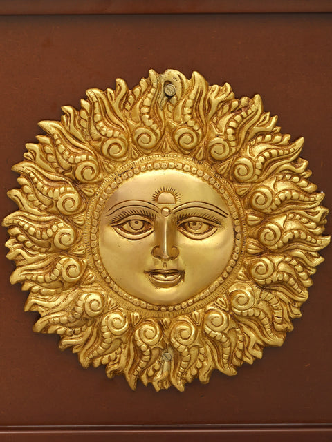 18" The Sun God Surya | Wood Framed Brass Sculpture | Wall Hanging