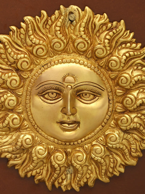 18" The Sun God Surya | Wood Framed Brass Sculpture | Wall Hanging