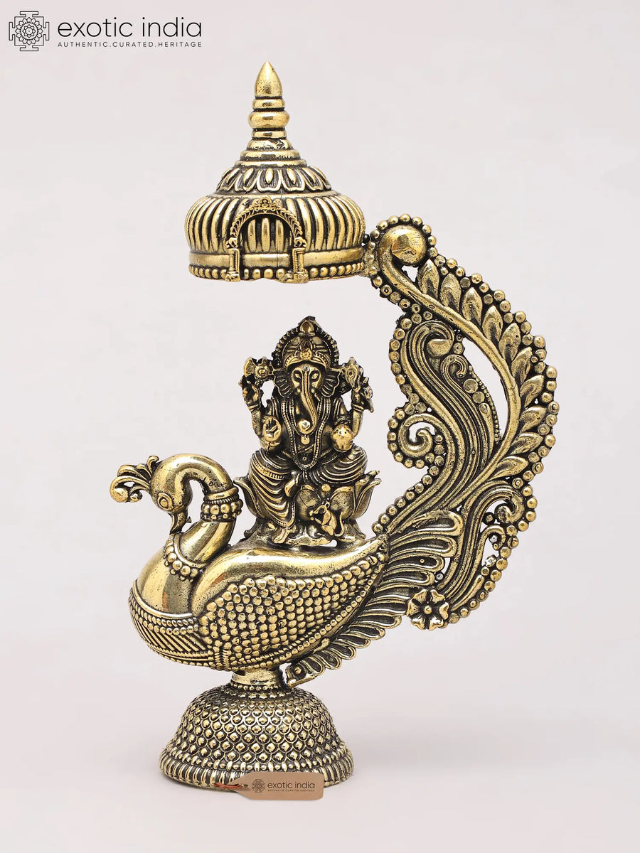 5" Superfine Lord Ganesha Seated on Peacock Brass Statue