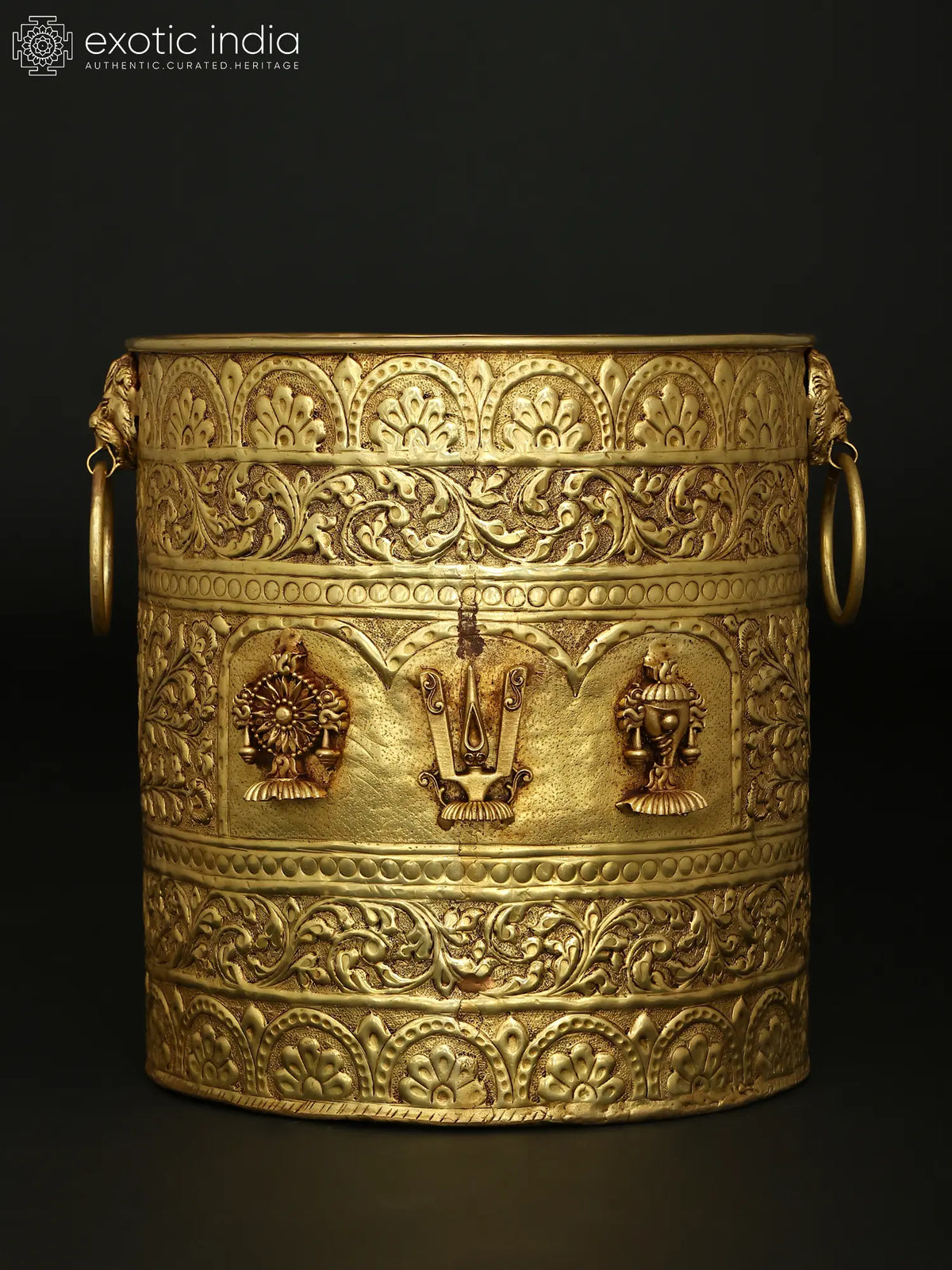 Handcrafted Brass Vaishnav Symbols Planter | Shankh Chakra Tilak Decor Vessel