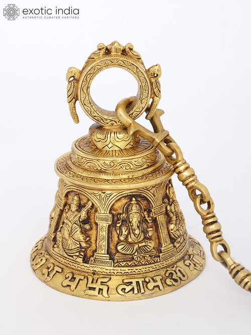 8" Brass Lakshmi Ganesha Saraswati Wall Hanging Bell