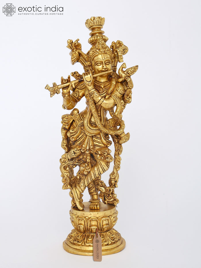 14" Brass Tribhanga Krishna Statue for Home Decor