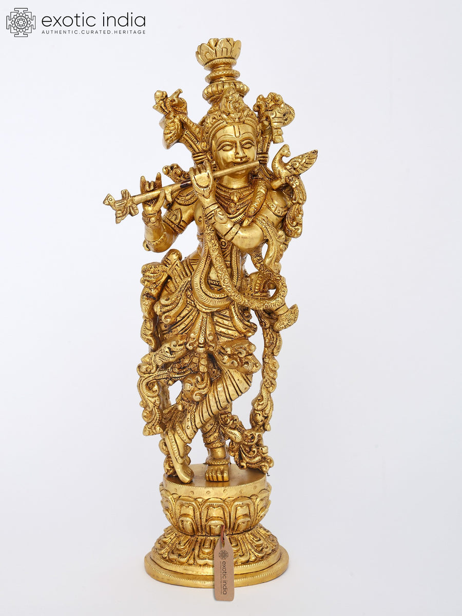 14" Brass Tribhanga Krishna Statue for Home Decor